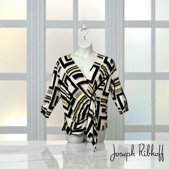 Joseph Ribkoff, Abstract Geometric Wrap Top, Size 18, White, Black, Yellow - Picture 1 of 10